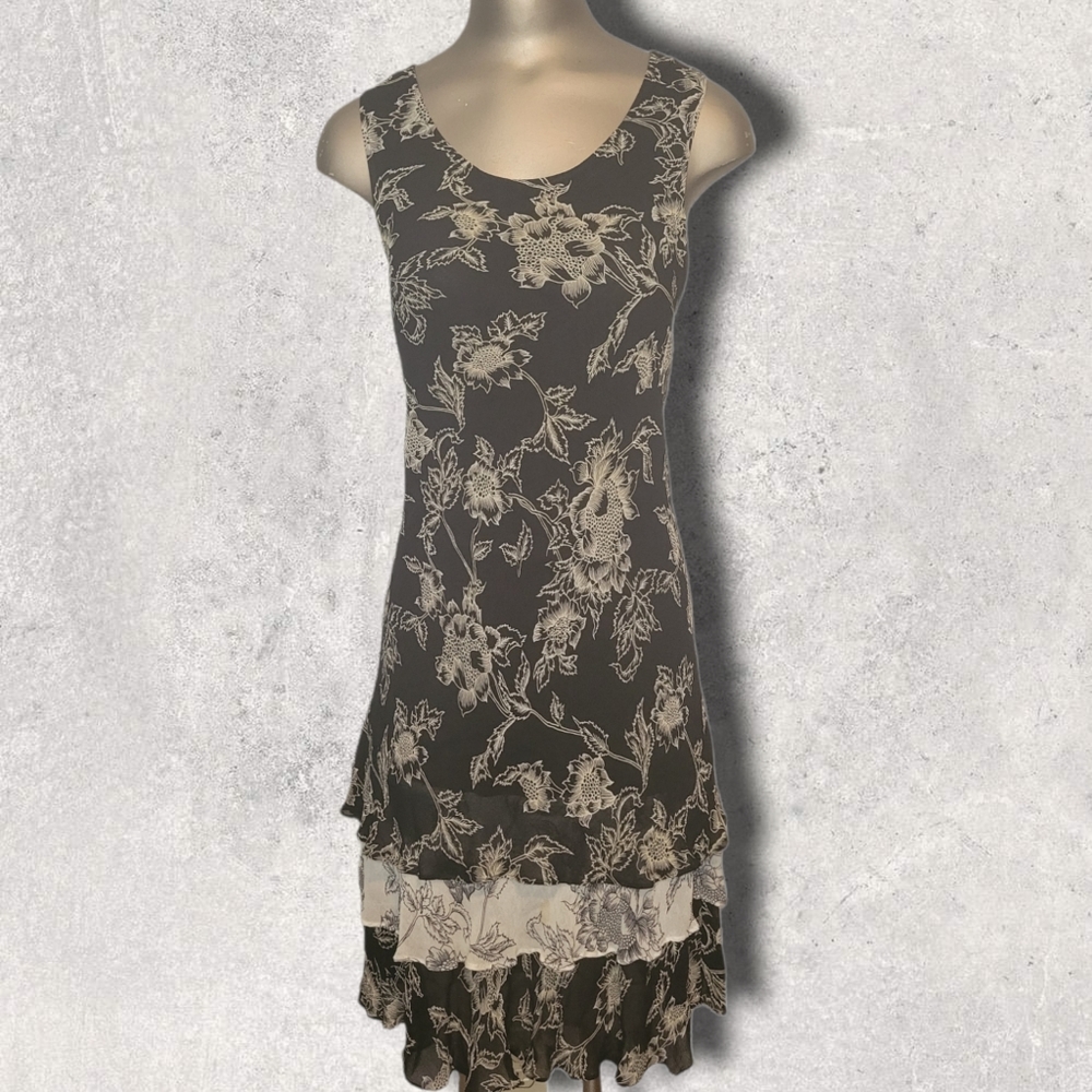 Vintage Nineties Black Paisley Floral Tiered Ruffles Midi Dress Medium